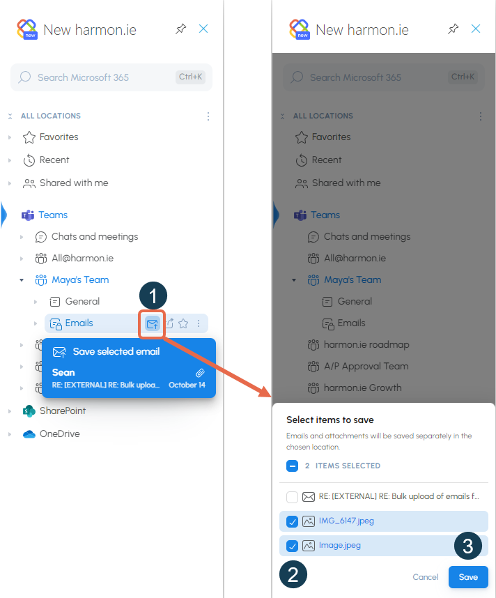 Save attachments to Teams or SharePoint with New harmon.ie