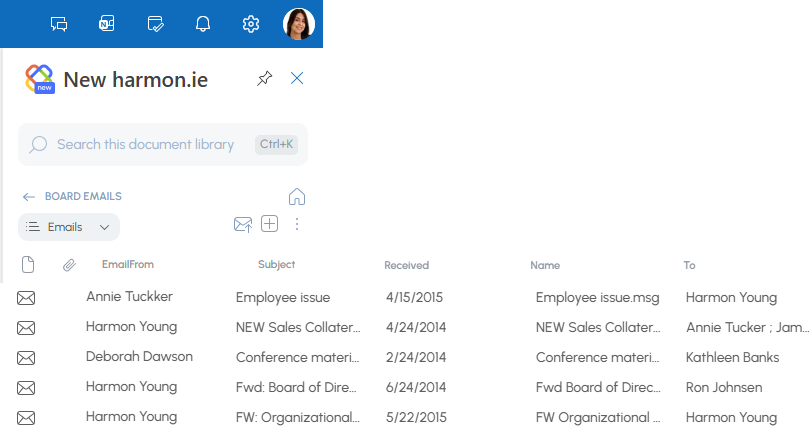 Emails view inside SharePoint shows automatic metadata tagging of emails saved to SharePoint with harmon.ie