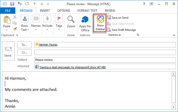 Bouton ruban harmon.ie dans Microsoft Outlook.