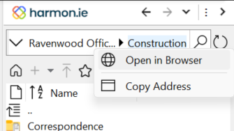 The breadcrumbs context menu lets you copy the address of the current location or open it in a web browser.