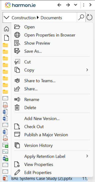 The document context menu gives you quick access to common SharePoint operations.