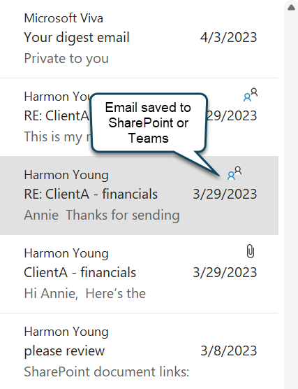 Message icon and category reflect that message was saved on SharePoint, Teams, or OneDrive.