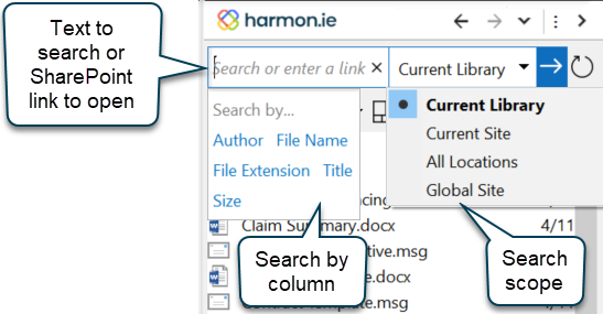 From the search bar you can search the current SharePoint site or library for documents.