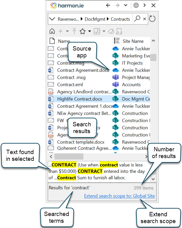 The search results are displayed in harmon.ie document list, togehter with the search context and the breadcrumbs of each document.